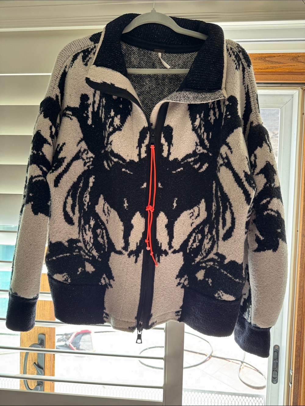 Free People Black & Cream Patterned Zip Front Cardigan with Orange Drawcord